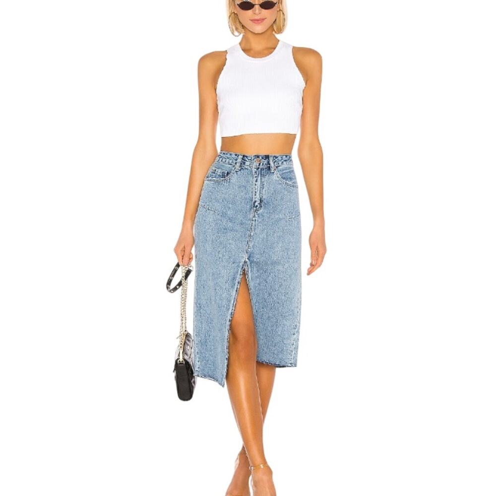 Pistola Kaia Denim Midi Skirt‎ Blue Cult Front Back Slit Size 25